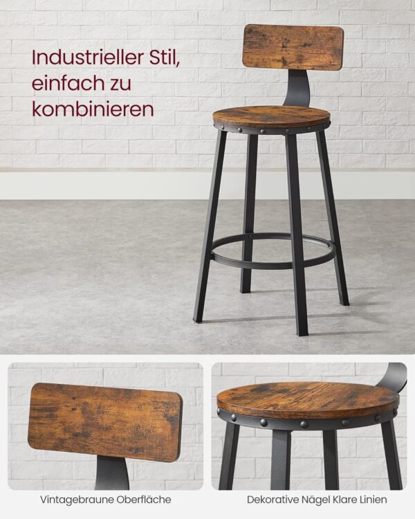 VASAGLE Set de 2 scaune de bar inalte cu spatar, cadru din otel, industrial, 51x89cm, maro rustic - Image 8