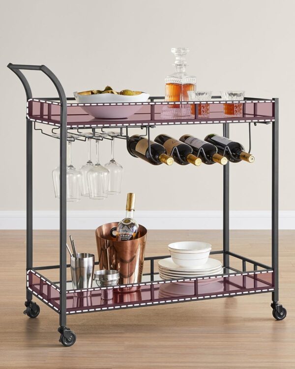 VASAGLE Carucior de servire pentru vin, suport sticle si pahare, cu 2 rafturi din sticla, 38x86x90 cm, negru - Image 7