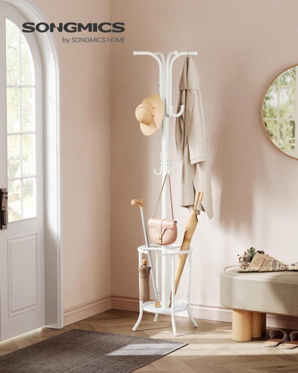 SONGMICS Cuier pentru haine, cu suport de umbrele, 12 agatatori, 175 cm, alb - Image 7