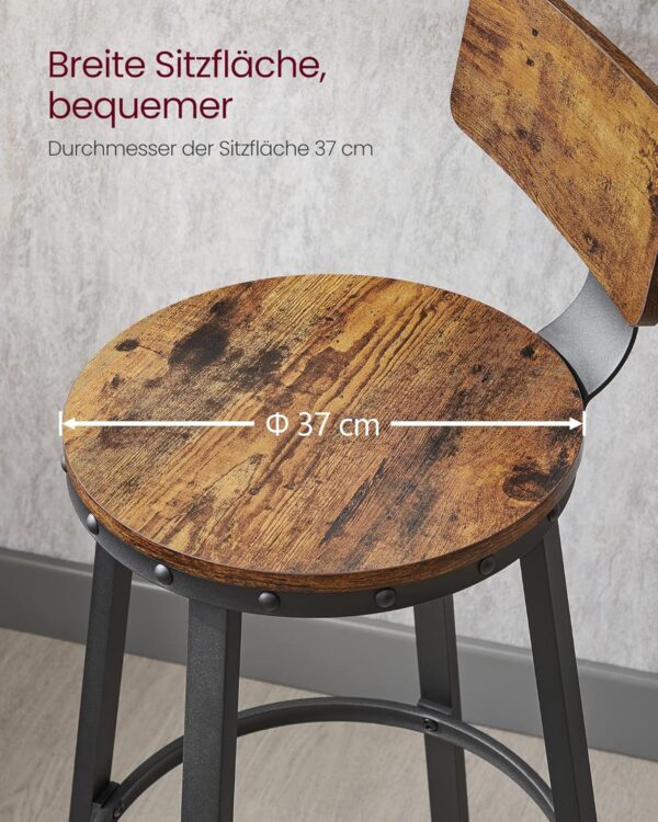 VASAGLE Set de 2 scaune de bar inalte cu spatar, cadru din otel, industrial, 51x89cm, maro rustic - Image 9