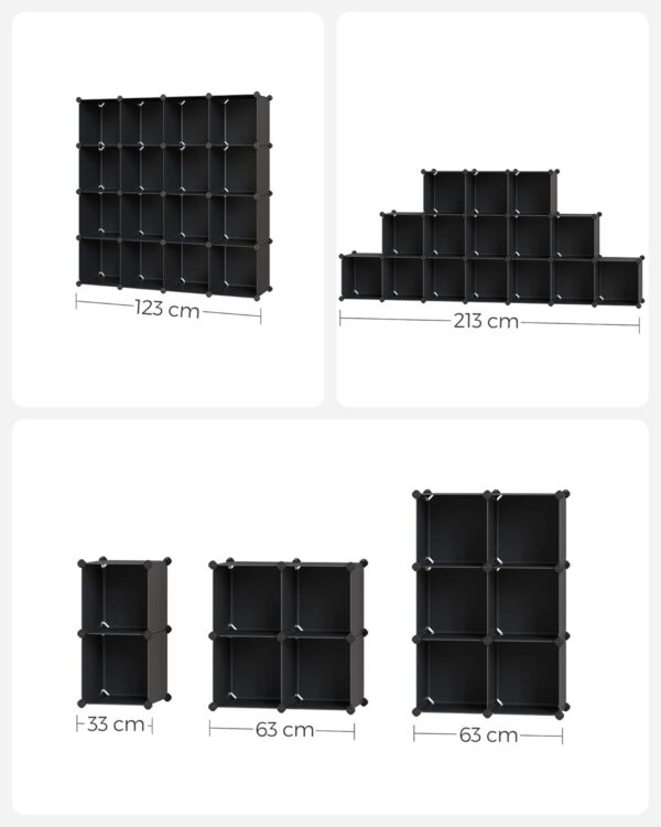 SONGMICS 16 kockás tároló egység cipők vagy ruhák tárolására, személyre szabható, 31x123x123 cm, fekete - Image 9