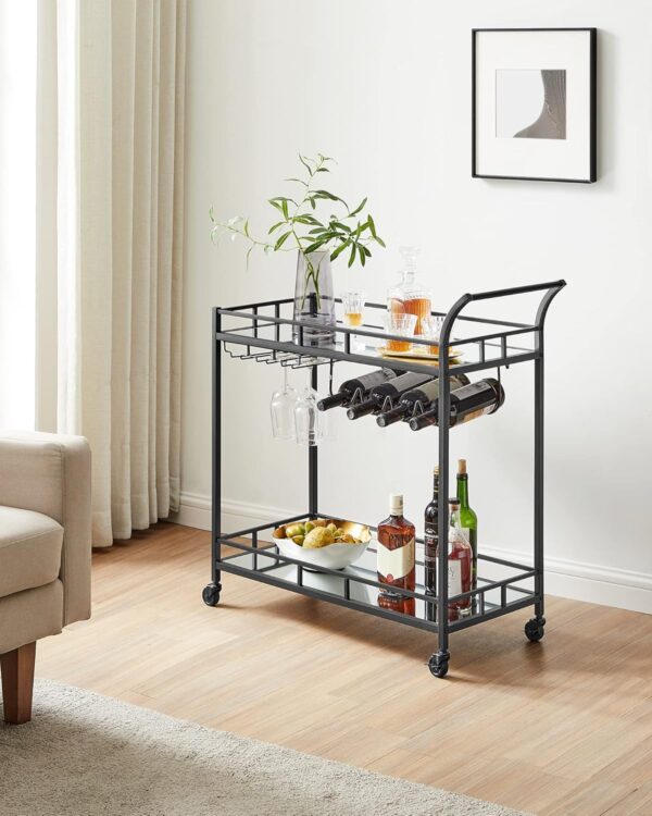 VASAGLE Carucior de servire pentru vin, suport sticle si pahare, cu 2 rafturi din sticla, 38x86x90 cm, negru - Image 8