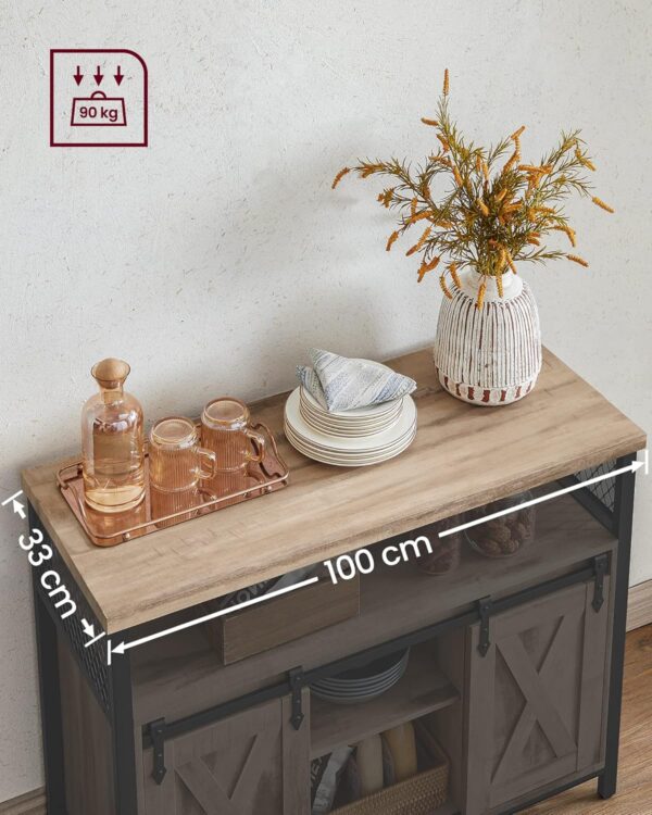 VASAGLE Fiókos szekrény nappaliba vagy konyhába, 2 tolóajtóval, állítható polcokkal, rusztikus stílus, 33x100x80 cm, barna - Image 7
