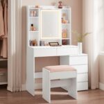 VASAGLE Fésülködőasztal taburettel és tükörrel, állítható LED világítással, 6 fiókkal, 98x40x145 cm, fehér