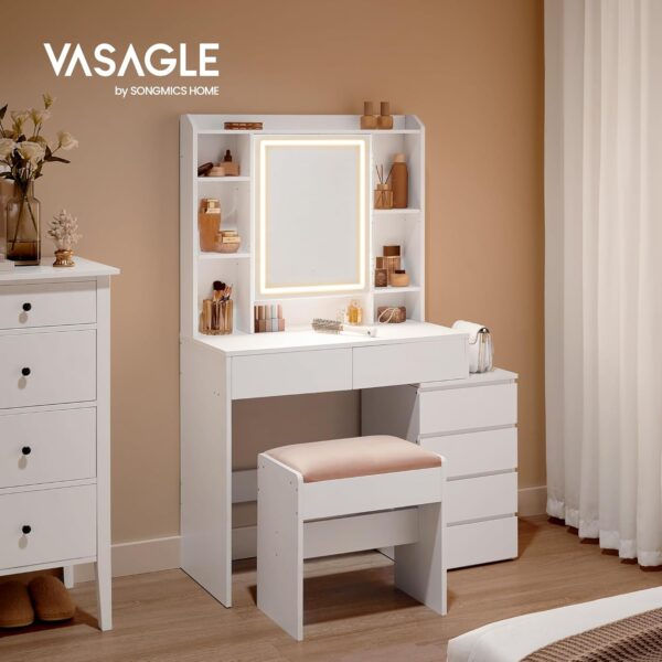 VASAGLE Masa de toaleta cu taburet si oglinda, iluminare LED reglabila, 6 sertare, 98x40x145 cm, alb - Image 3