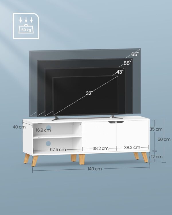 VASAGLE fiókos szekrény TV-hez 65 hüvelykig, 2 ajtóval és állítható polccal, 40x140x50 cm, fehér - Image 5