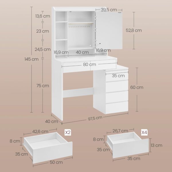 VASAGLE Masa de toaleta cu taburet si oglinda, iluminare LED reglabila, 6 sertare, 98x40x145 cm, alb - Image 6