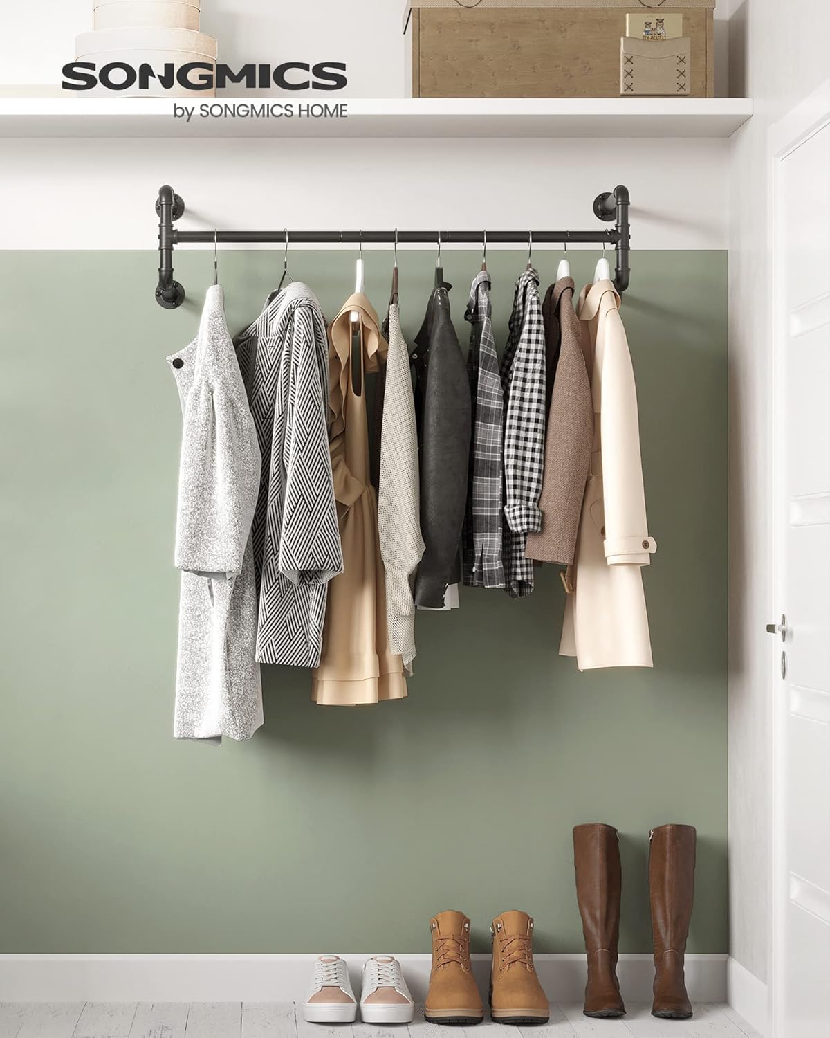 SONGMICS Fém sín ruhaakasztáshoz, falra szerelhető, ipari megjelenés, 112x30x30cm, fekete - Image 3