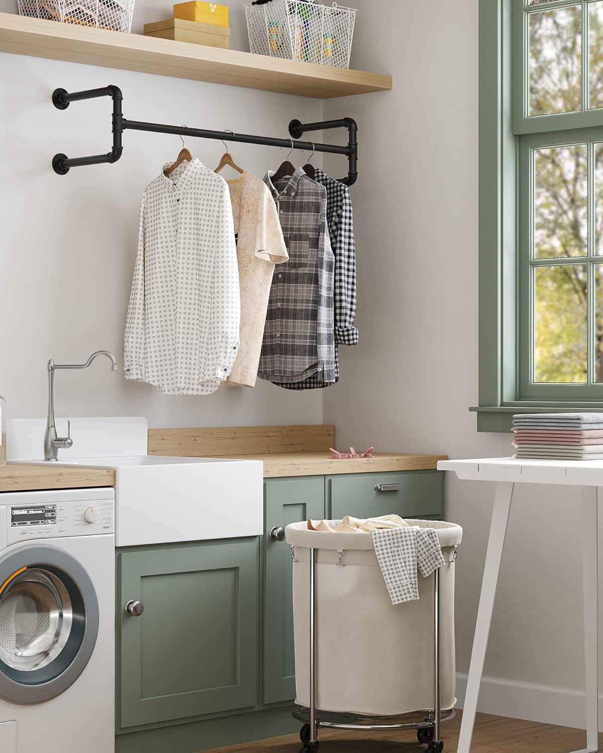 SONGMICS Fém sín ruhaakasztáshoz, falra szerelhető, ipari megjelenés, 112x30x30cm, fekete - Image 5