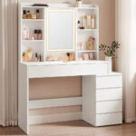 VASAGLE fésülködő asztal tükörrel, állítható LED világítással, 6 fiókkal, 118x40x145 cm, fehér