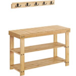 SONGMICS Multifunkcionális előszobagarnitúra cipőpaddal és akasztóval, bambuszból, 29x70x45 cm, natúr barna