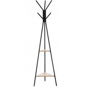 Előszobaakasztó, fém, 2 db MDF polc, minimalista kivitel, 180 cm, fekete