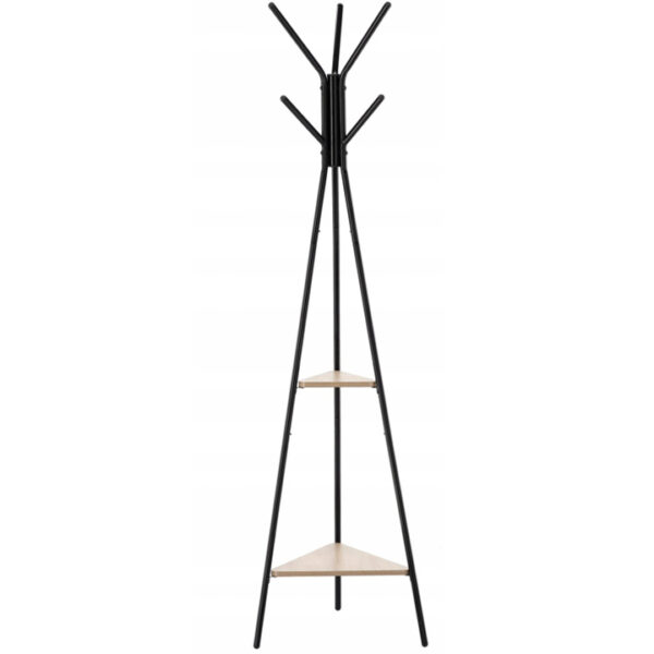 Előszobaakasztó, fém, 2 db MDF polc, minimalista kivitel, 180 cm, fekete