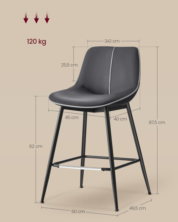 VASAGLE 2 db bárszék szett, ergonomikus műbőr háttámlával, fém vázzal, 50x50x88 cm, fekete - Image 3