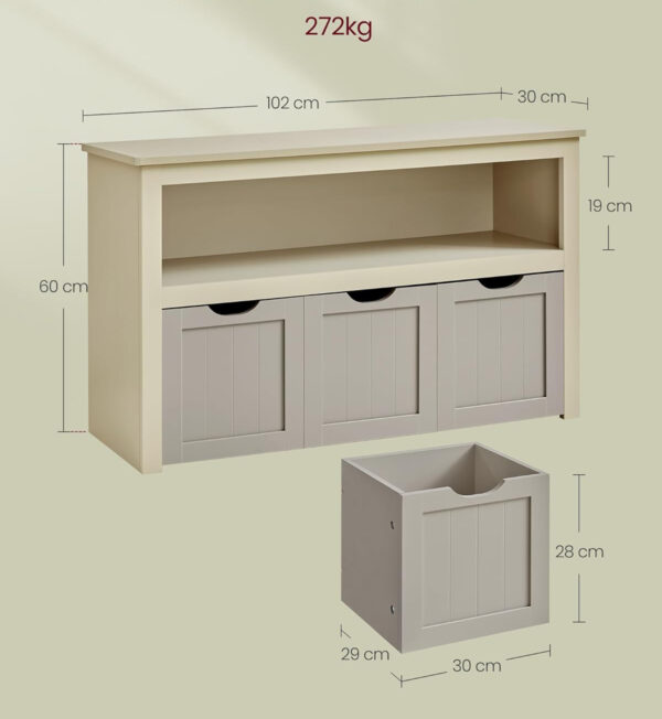 VASAGLE Játéktároló szekrény MDF-ből, 3 kerekeken kivehető rekesszel, 30x102x60 cm, bézs - Image 7