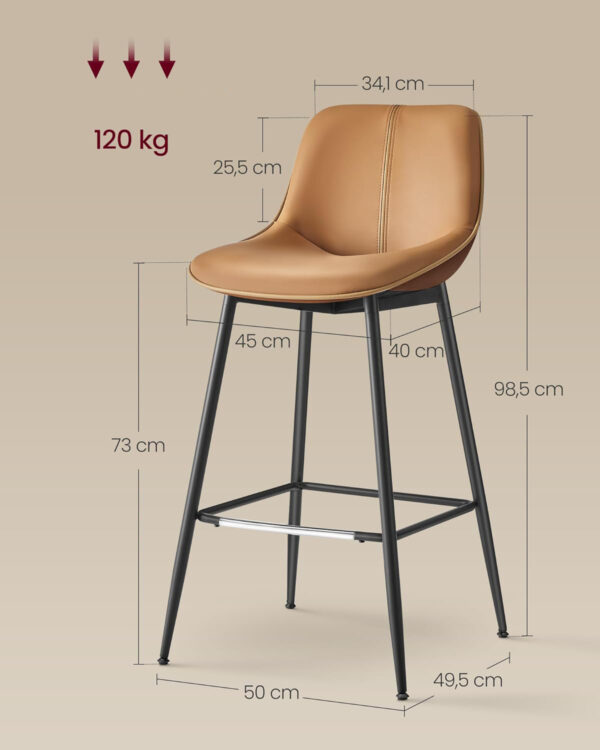VASAGLE 2 db bárszék készlet, ergonomikus háttámla ökobőrből, fém váz, 50x50x99 cm, karamell barna - Image 3