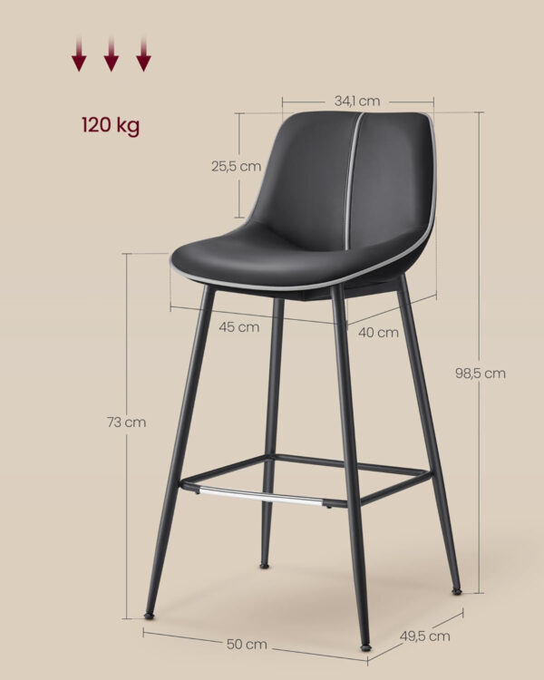 VASAGLE 2 db bárszék szett, ergonomikus háttámlával ökobőrből, fém vázzal, 50x50x99 cm, fekete - Image 3