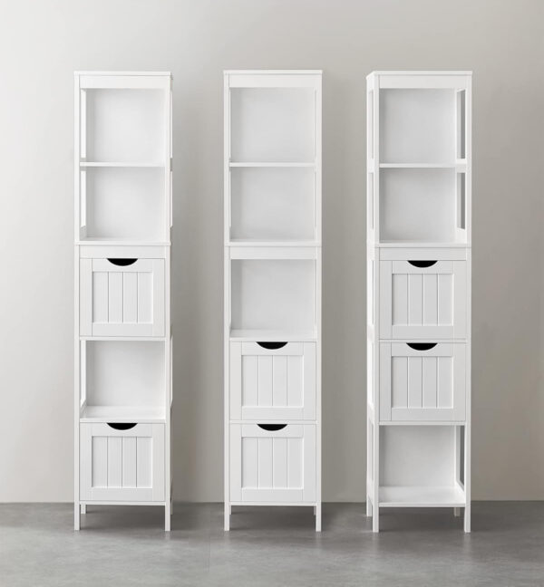 VASAGLE Oszlopos fürdőszoba szekrény, MDF-ből, 2 fiókkal és 3 polccal, 30x30x142 cm, fehér - Image 5