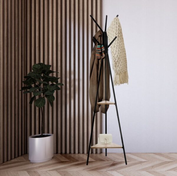 Előszobaakasztó, fém, 2 db MDF polc, minimalista kivitel, 180 cm, fekete - Image 3