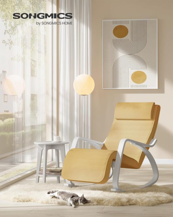 SONGMICS Scaun balansoar din lemn, suport picioare reglabil, maxim 150kg, 55x122x84cm, galben-pastel - Image 2