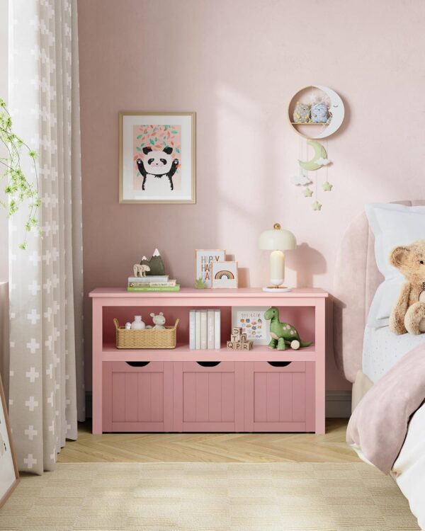 VASAGLE Játéktároló szekrény, MDF-ből, 3 kivehető rekesszel kerekeken, 30x102x60 cm, rózsaszín - Image 2