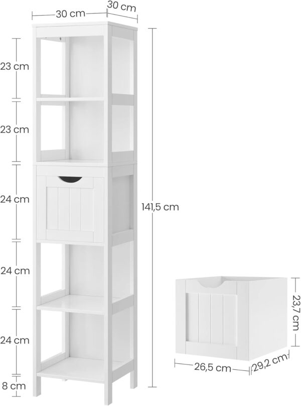 VASAGLE Oszlopos fürdőszoba szekrény, MDF-ből, 2 fiókkal és 3 polccal, 30x30x142 cm, fehér - Image 3