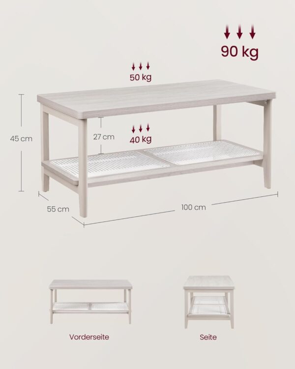 VASAGLE Dohányzóasztal, MDF-ből, 2 szinten tárolóhellyel, 55x100x45 cm, boho stílusú, bézs - Image 6