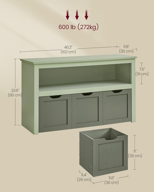 VASAGLE Játéktároló szekrény, MDF-ből, 3 kivehető rekesszel kerekeken, 30x102x60 cm, zöld - Image 3