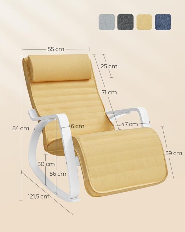 SONGMICS Scaun balansoar din lemn, suport picioare reglabil, maxim 150kg, 55x122x84cm, galben-pastel - Image 3