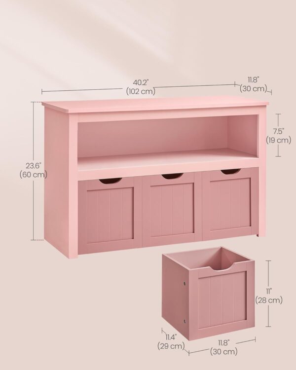 VASAGLE Játéktároló szekrény, MDF-ből, 3 kivehető rekesszel kerekeken, 30x102x60 cm, rózsaszín - Image 3