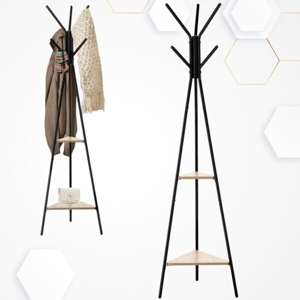 Előszobaakasztó, fém, 2 db MDF polc, minimalista kivitel, 180 cm, fekete - Image 5