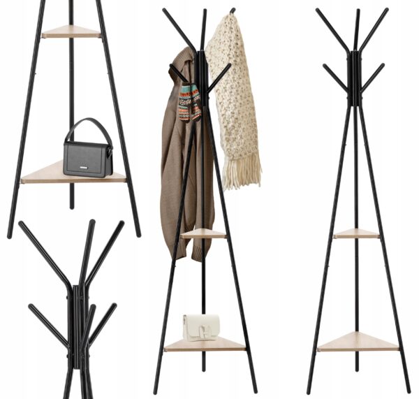 Előszobaakasztó, fém, 2 db MDF polc, minimalista kivitel, 180 cm, fekete - Image 6