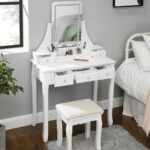 VASAGLE fésülködő asztal székkel, 360°-ban elforgatható tükör, állítható LED világítás, 80x40x138 cm, fehér