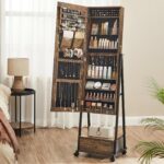 SONGMICS állótükör mobil állvánnyal kerekeken, tárolóhellyel, 42x37x153 cm, rusztikus barna