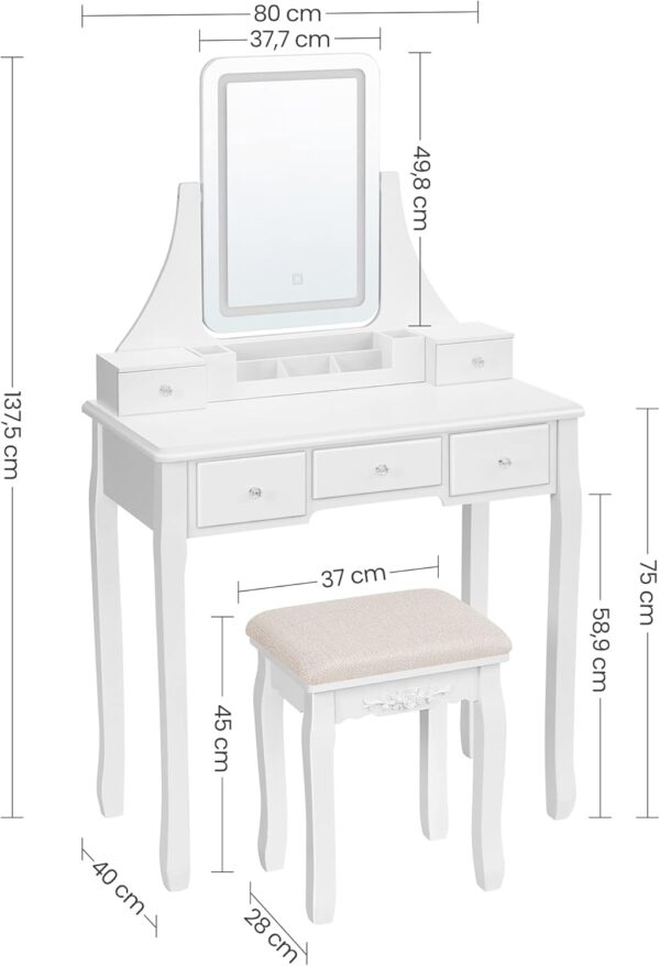 VASAGLE fésülködő asztal székkel, 360°-ban elforgatható tükör, állítható LED világítás, 80x40x138 cm, fehér - Image 6