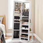 SONGMICS padlótükör 360°-ban forgatható állvánnyal, tárolóhellyel, 55x55x162 cm, szürke fehér