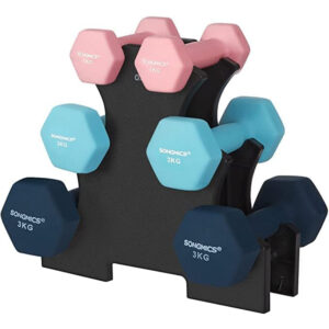 SONGMICS 6 db hatszögletű súlyzó készlet tartással, 2x1 kg 2x2 kg 2x3 kg, tarka