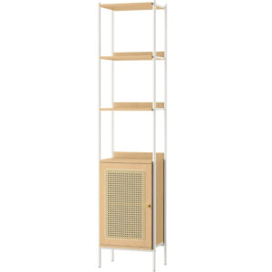VASAGLE könyvespolc 6 emelettel, fém kerettel, Boho rattan hatású ajtóval, 30x40x175 cm, fehér és bézs