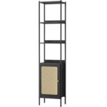 VASAGLE könyvespolc 6 emelettel, fém kerettel, Boho rattan hatású ajtóval, 30x40x175 cm, fekete