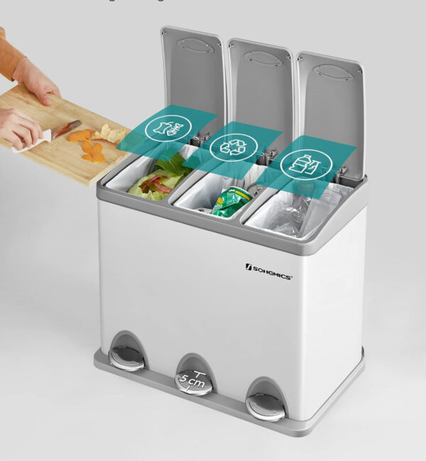 SONGMICS Acél hulladékgyűjtő 3 rekeszes szelektív gyűjtéssel, belső vödrökkel, 3x8 literes, fehér és szürke - Image 11