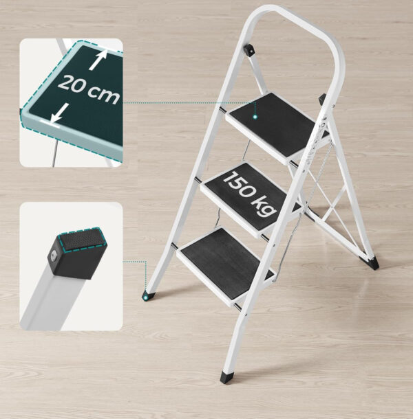SONGMICS Összecsukható létra 3 lépcsővel, teherbírás 150 kg, acél, 47x75x105 cm, fehér és fekete - Image 10