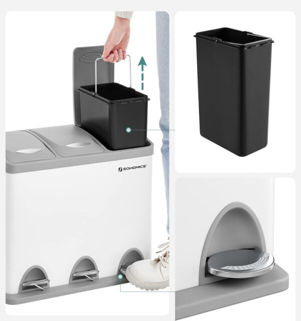 SONGMICS Acél hulladékgyűjtő 3 rekeszes szelektív gyűjtéssel, belső vödrökkel, 3x8 literes, fehér és szürke - Image 12