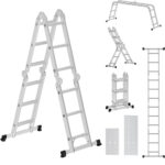 SONGMICS Multifunkciós alumínium létra, 2 platformlappal, 12 lépcsőfok, 150 kg teherbírás, szürke