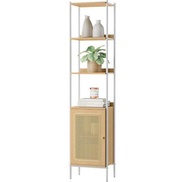 VASAGLE könyvespolc 6 emelettel, fém kerettel, Boho rattan hatású ajtóval, 30x40x175 cm, fehér és bézs - Image 2