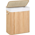 SONGMICS Bambusz szennyeskosár fedéllel, kivehető zacskó, űrtartalom 100L, 52x32x61 cm, barna