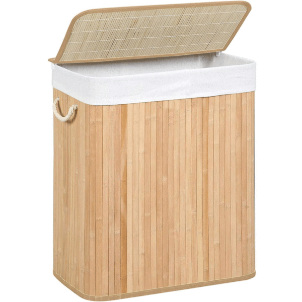 SONGMICS Bambusz szennyeskosár fedéllel, kivehető zacskó, űrtartalom 100L, 52x32x61 cm, barna