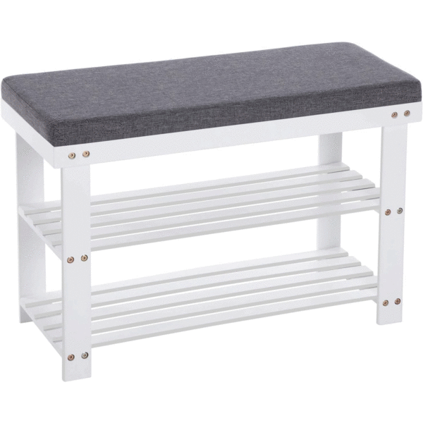 SONGMICS Bambusz cipőpad, 2 szintes, párnával, terhelés 150 kg, 71x29x49 cm, fehér és szürke