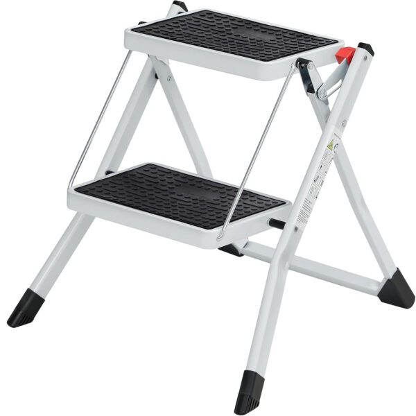 SONGMICS Összecsukható létra 2 lépcsővel, teherbírás 150 kg, acél, 50x60x44 cm, fehér és fekete