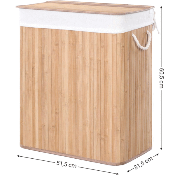 SONGMICS Bambusz szennyeskosár fedéllel, kivehető zacskó, űrtartalom 100L, 52x32x61 cm, barna - Image 2