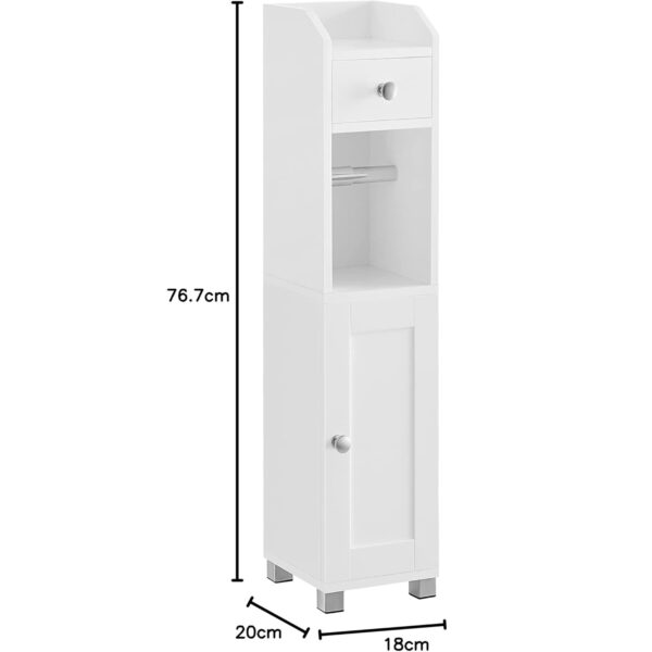 VASAGLE Kisméretű fürdőszobai tárolószekrény, MDF-ből, WC-papír tartóval, 20x18x77 cm, fehér - Image 2